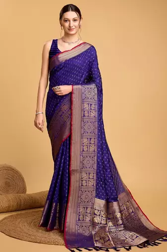 Royal blue woven embellished self design pure silk banarasi saree with blouse