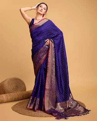 Royal blue woven embellished self design silk blend banarasi saree with blouse 2