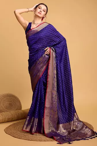 Royal blue woven embellished self design pure silk banarasi saree with blouse