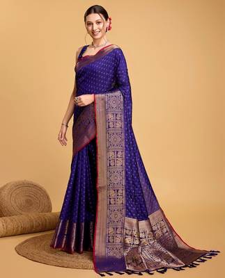 Royal blue woven embellished self design silk blend banarasi saree with blouse 3