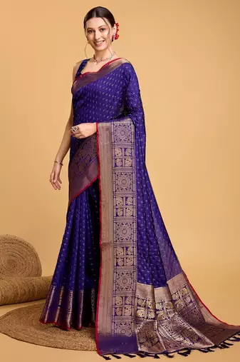Royal blue woven embellished self design pure silk banarasi saree with blouse