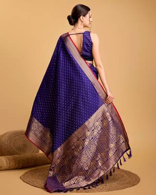 Royal blue woven embellished self design silk blend banarasi saree with blouse 4