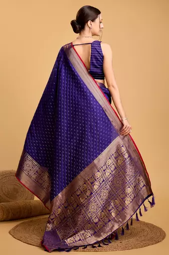 Royal blue woven embellished self design pure silk banarasi saree with blouse