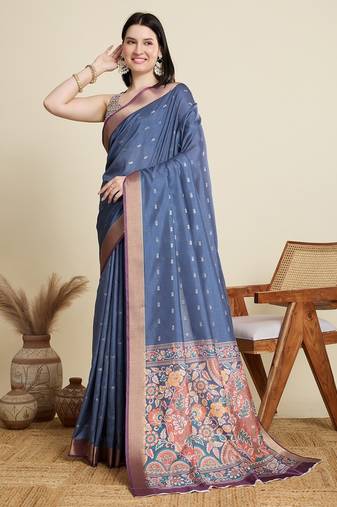 Blue printed floral print woven cotton silk kalamkari saree with blouse