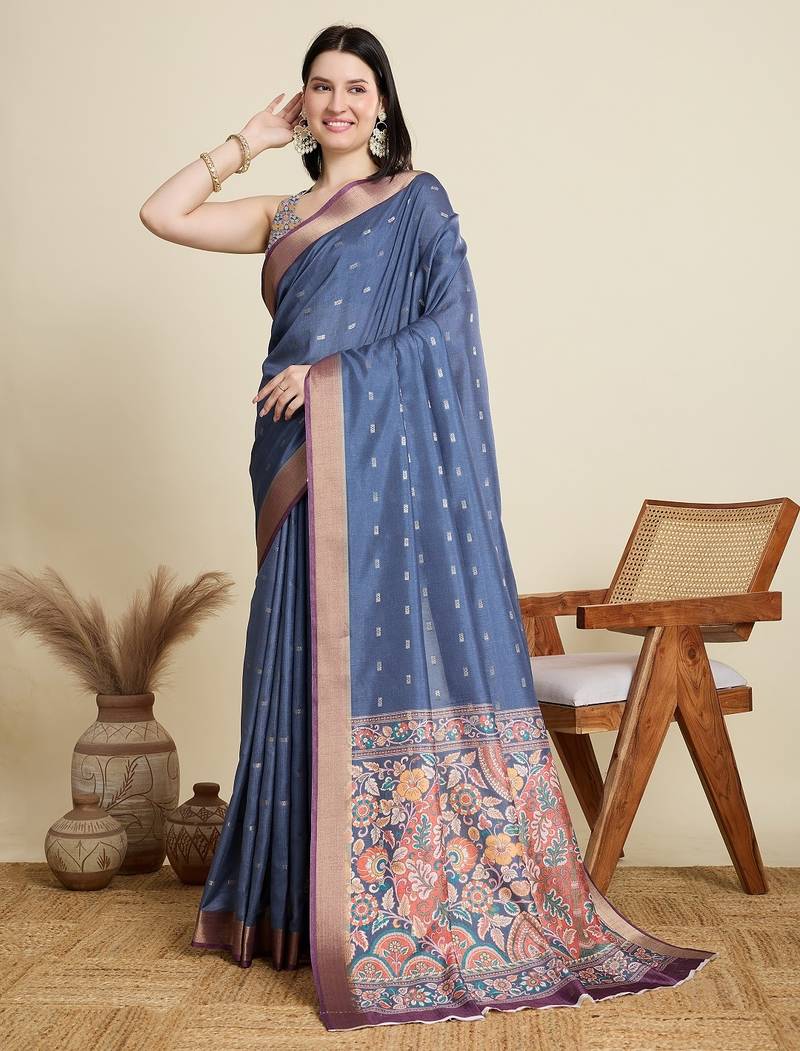 Blue printed floral print woven cotton silk kalamkari saree with blouse