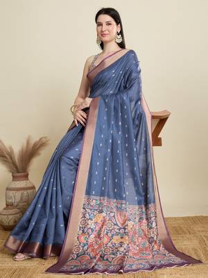 Blue printed floral print woven cotton silk kalamkari saree with blouse 2