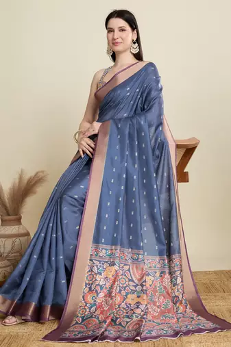 Blue printed floral print woven cotton silk kalamkari saree with blouse
