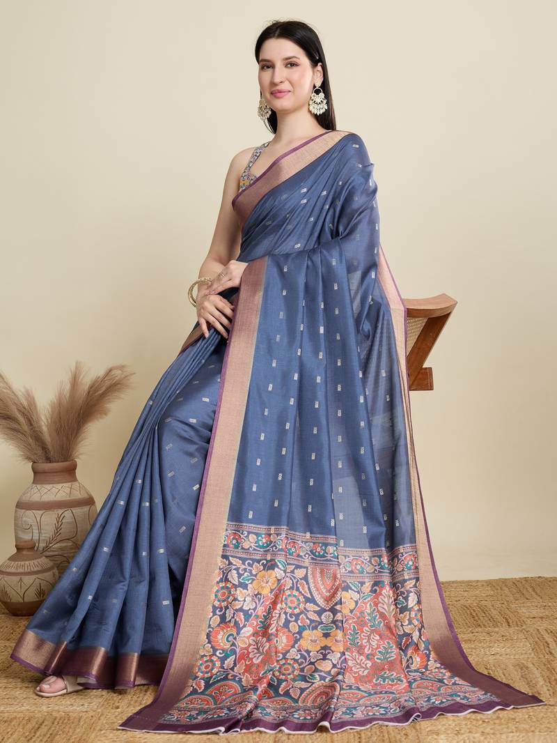 Blue printed floral print woven cotton silk kalamkari saree with blouse