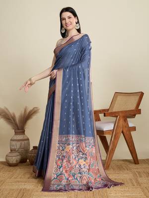 Blue printed floral print woven cotton silk kalamkari saree with blouse 3
