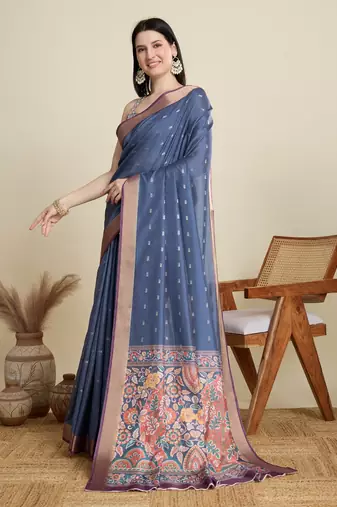 Blue printed floral print woven cotton silk kalamkari saree with blouse