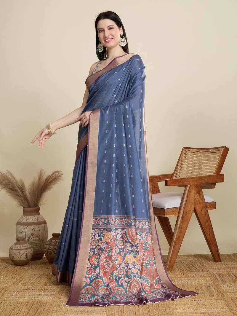 Blue printed floral print woven cotton silk kalamkari saree with blouse