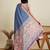 Blue printed floral print woven cotton silk kalamkari saree with blouse