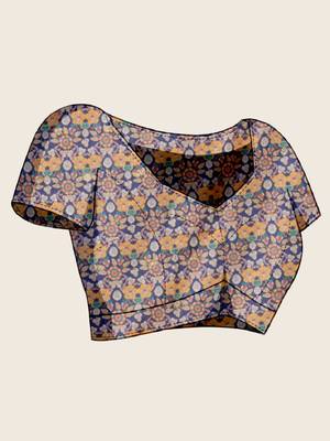 Blue printed floral print woven cotton silk kalamkari saree with blouse 5