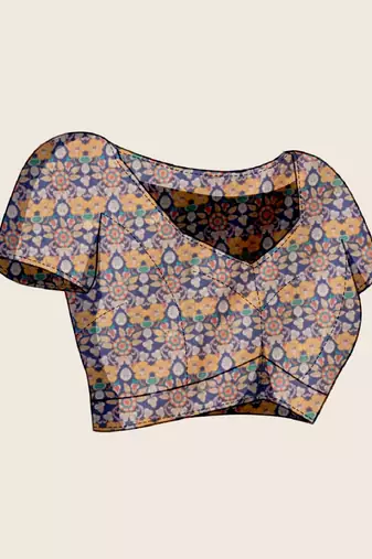Blue printed floral print woven cotton silk kalamkari saree with blouse
