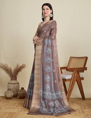 Brown printed floral print woven cotton silk kalamkari saree with blouse 3