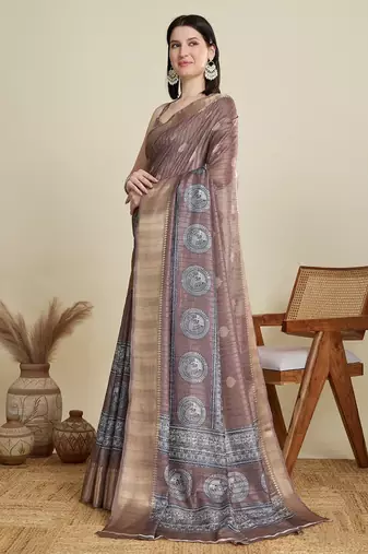 Brown printed floral print woven cotton silk kalamkari saree with blouse