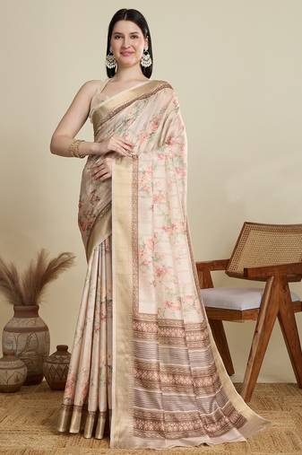 Cream printed floral print woven cotton silk kalamkari saree with blouse