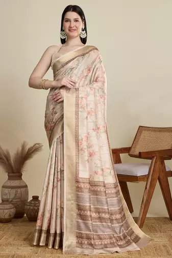 Cream printed floral print woven cotton silk kalamkari saree with blouse