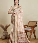 Cream printed floral print woven cotton silk kalamkari saree with blouse