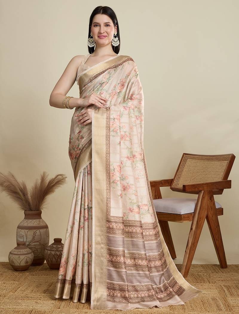Cream printed floral print woven cotton silk kalamkari saree with blouse