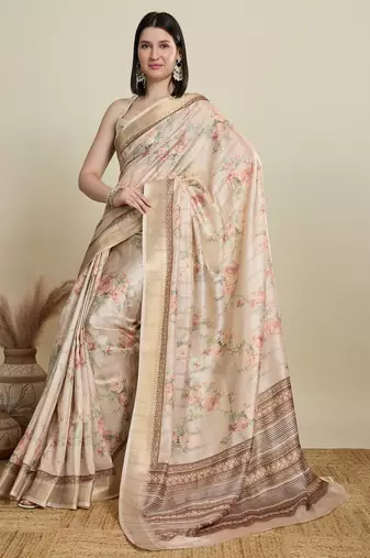 Cream printed floral print woven cotton silk kalamkari saree with blouse