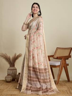 Cream printed floral print woven cotton silk kalamkari saree with blouse 3