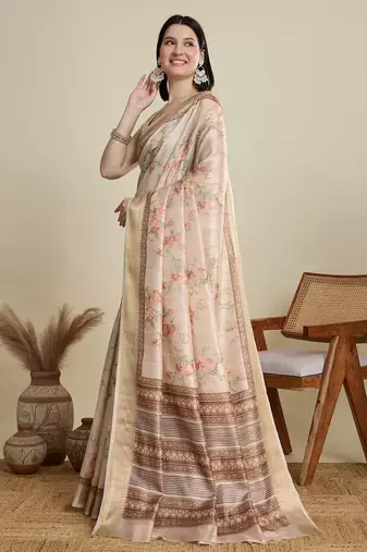 Cream printed floral print woven cotton silk kalamkari saree with blouse