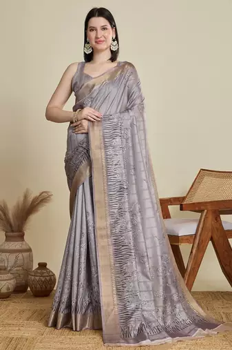 Grey printed floral print woven cotton silk kalamkari saree with blouse