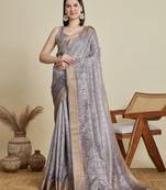Grey printed floral print woven cotton silk kalamkari saree with blouse