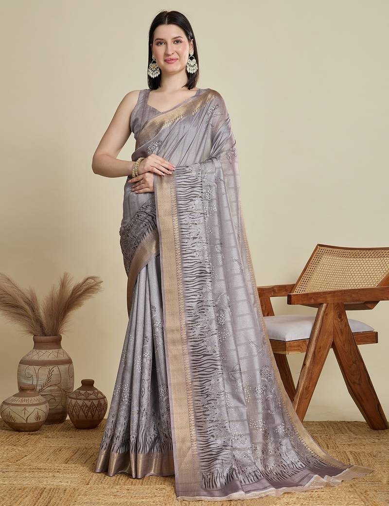 Grey printed floral print woven cotton silk kalamkari saree with blouse