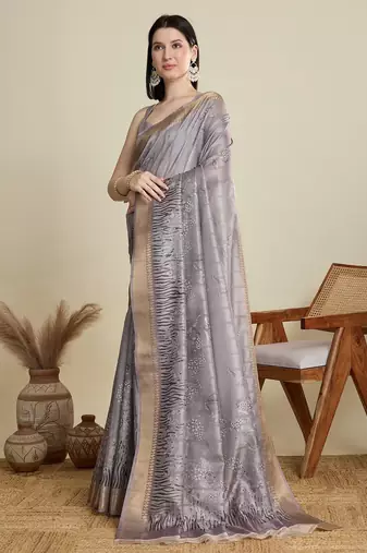 Grey printed floral print woven cotton silk kalamkari saree with blouse