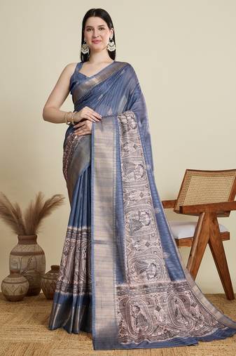 Light blue printed floral print woven cotton silk kalamkari saree with blouse