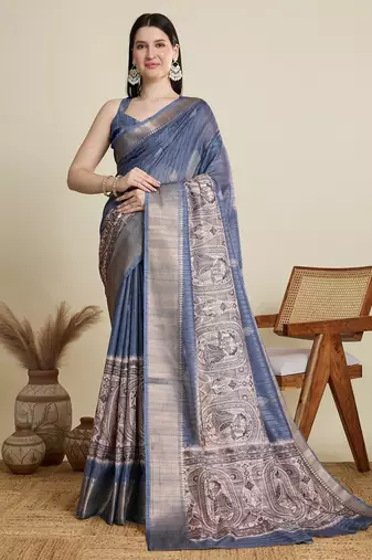 Light blue printed floral print woven cotton silk kalamkari saree with blouse