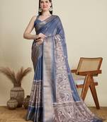 Light blue printed floral print woven cotton silk kalamkari saree with blouse