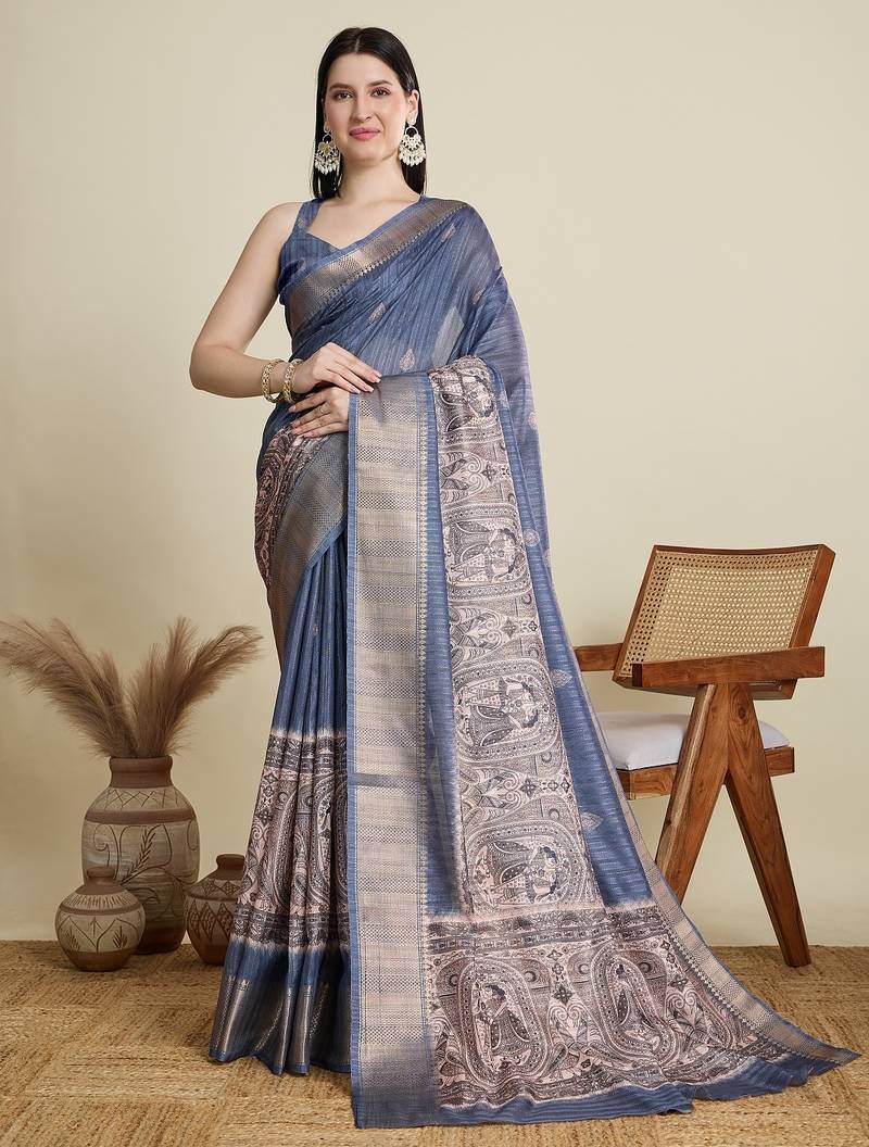 Light blue printed floral print woven cotton silk kalamkari saree with blouse