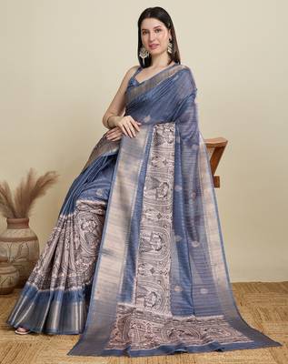Light blue printed floral print woven cotton silk kalamkari saree with blouse 2