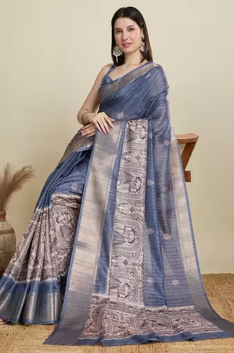 Light blue printed floral print woven cotton silk kalamkari saree with blouse
