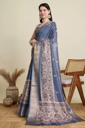 Light blue printed floral print woven cotton silk kalamkari saree with blouse