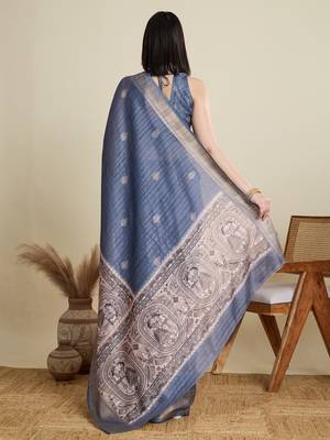 Light blue printed floral print woven cotton silk kalamkari saree with blouse 4