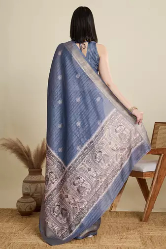 Light blue printed floral print woven cotton silk kalamkari saree with blouse