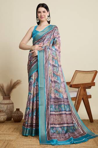 Multicolor printed floral print woven cotton silk kalamkari saree with blouse