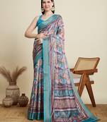 Multicolor printed floral print woven cotton silk kalamkari saree with blouse