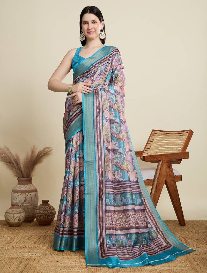 Multicolor printed floral print woven cotton silk kalamkari saree with blouse