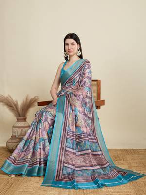 Multicolor printed floral print woven cotton silk kalamkari saree with blouse 2