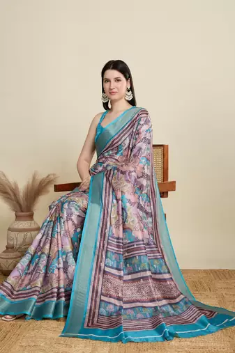 Multicolor printed floral print woven cotton silk kalamkari saree with blouse