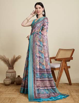 Multicolor printed floral print woven cotton silk kalamkari saree with blouse 3