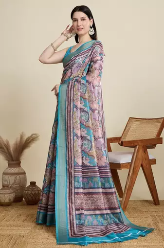 Multicolor printed floral print woven cotton silk kalamkari saree with blouse
