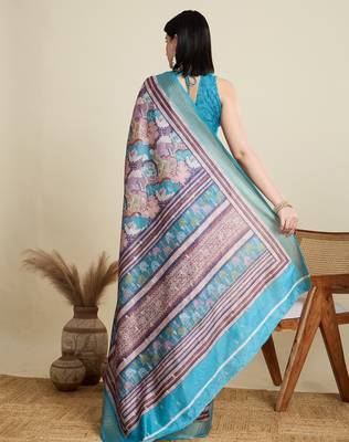 Multicolor printed floral print woven cotton silk kalamkari saree with blouse 4