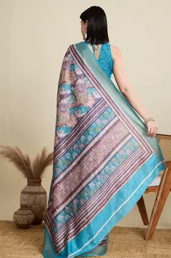 Multicolor printed floral print woven cotton silk kalamkari saree with blouse