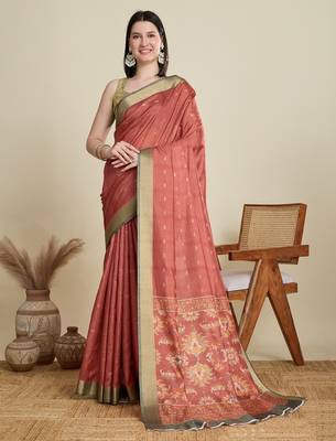 Rust printed floral print woven cotton silk kalamkari saree with blouse 1